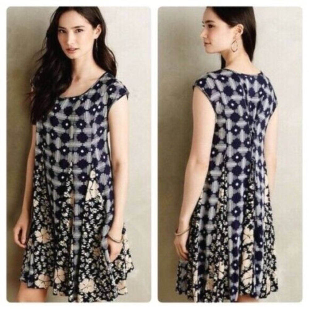 Maeve Anthropolgie Indiga Swing Short Dress Short Sleeves Navy Multi Print XSm